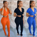 2020 Hot Sale Women's Two Piece Set Clothing Women Plus Size Ribbed Trousers Leggings Pants 2 Piece Set Clothing